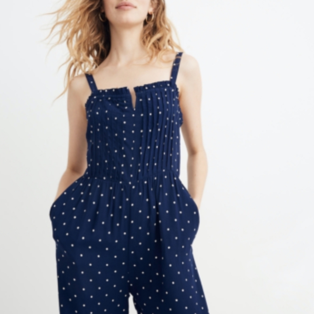 Madewell Cami Pintuck Convertible Ruffle Navy White Polka‎ Dot Jumpsuit 00